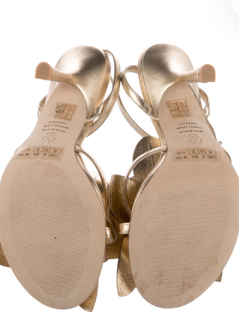 Stuart Weitzman Metallic Gold Floral Ankle-Strap Heels - Picture 3 of 3